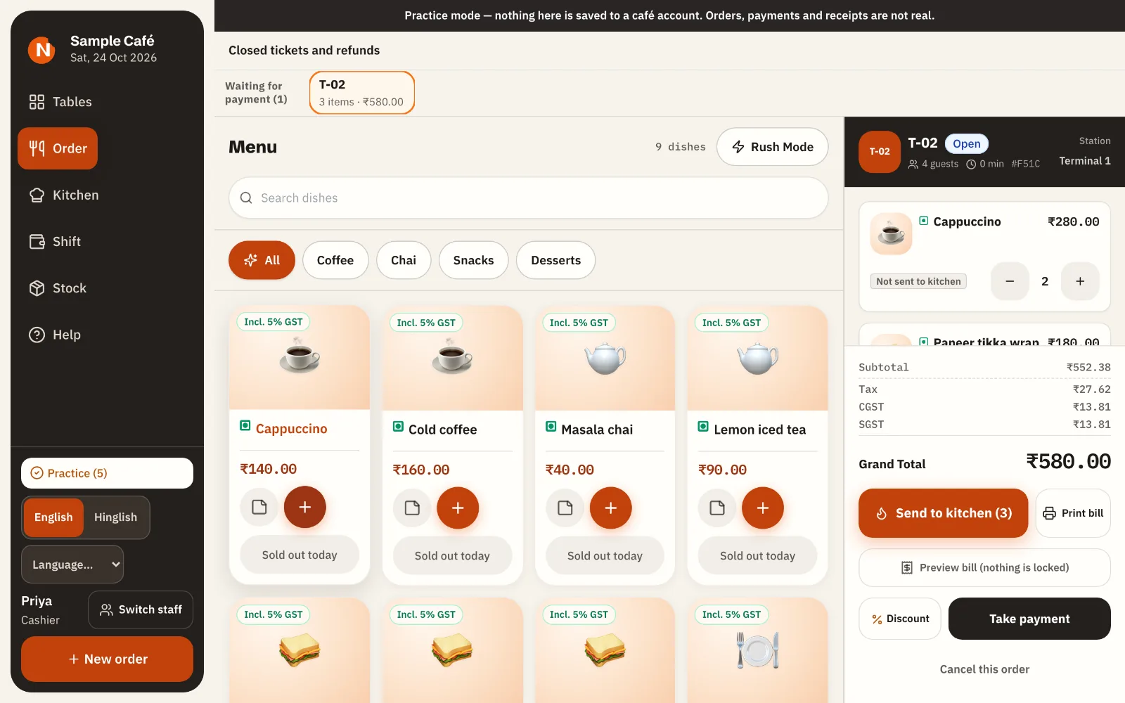 The Nivala counter screen in practice mode with sample data: a menu of café dishes, and table T-02 with 2 Cappuccino, a Paneer tikka wrap and a Chocolate brownie, grand total ₹580 including GST, and the Send to kitchen button.