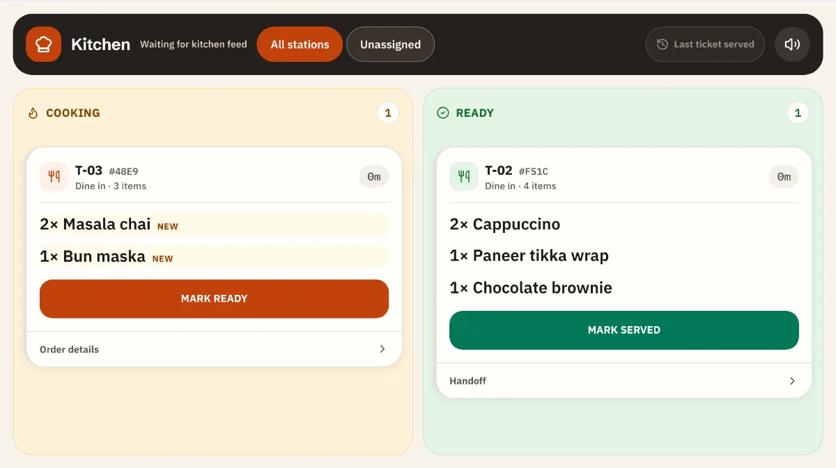 Nivala kitchen screen with sample data: table T-03 with 2 Masala chai and a Bun maska in Cooking, and table T-02 in Ready with a Mark served button.