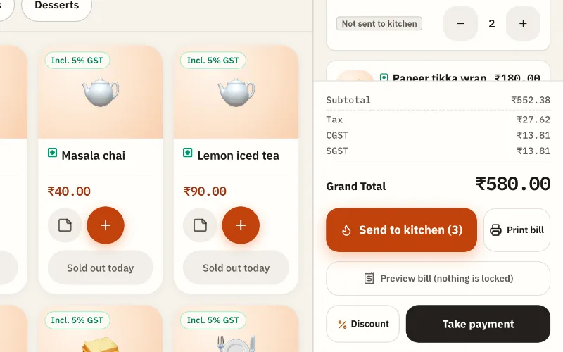 Nivala counter with sample data: dish tiles and an open ticket, grand total ₹580, with Send to kitchen and Take payment buttons.